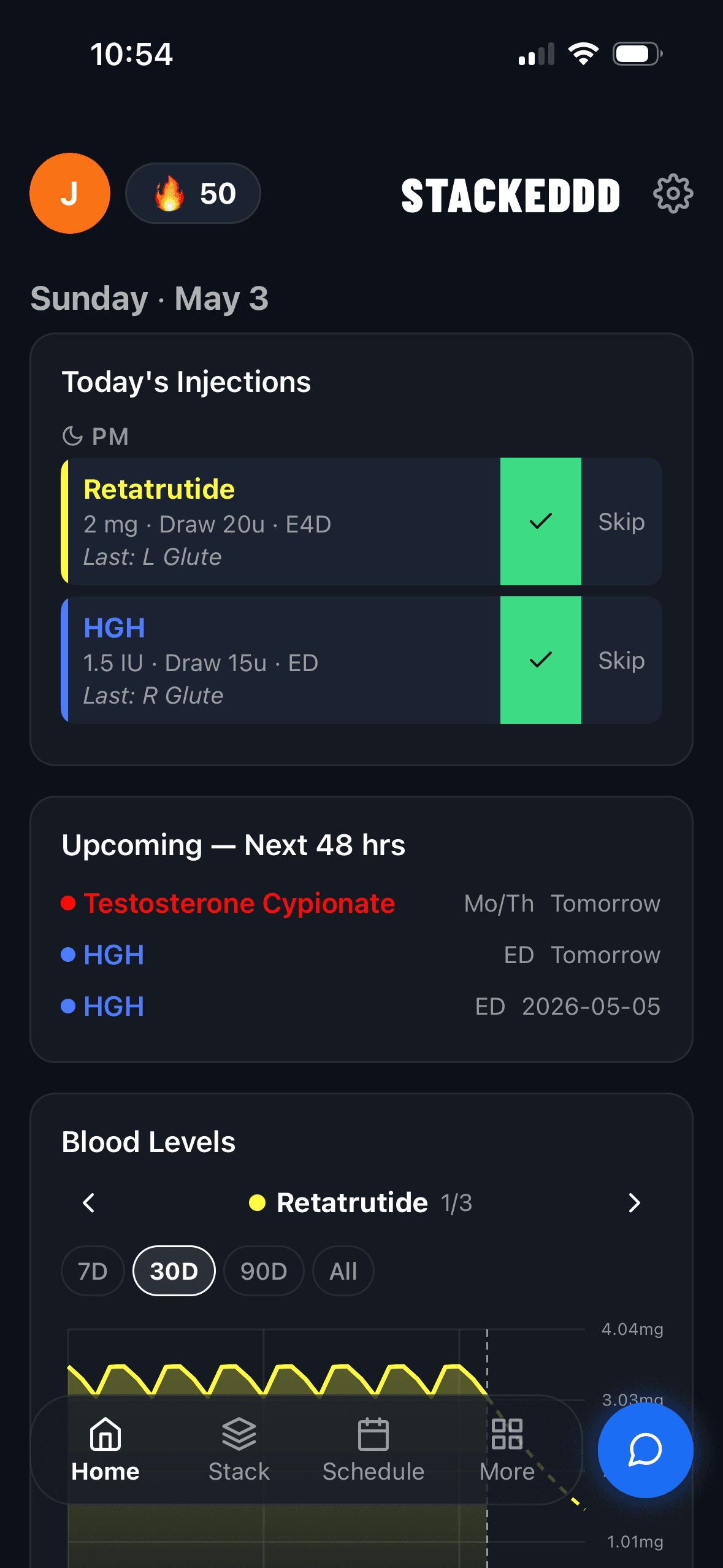 Stackeddd home screen showing today's injections, an upcoming-doses list, and a blood-level chart for retatrutide.