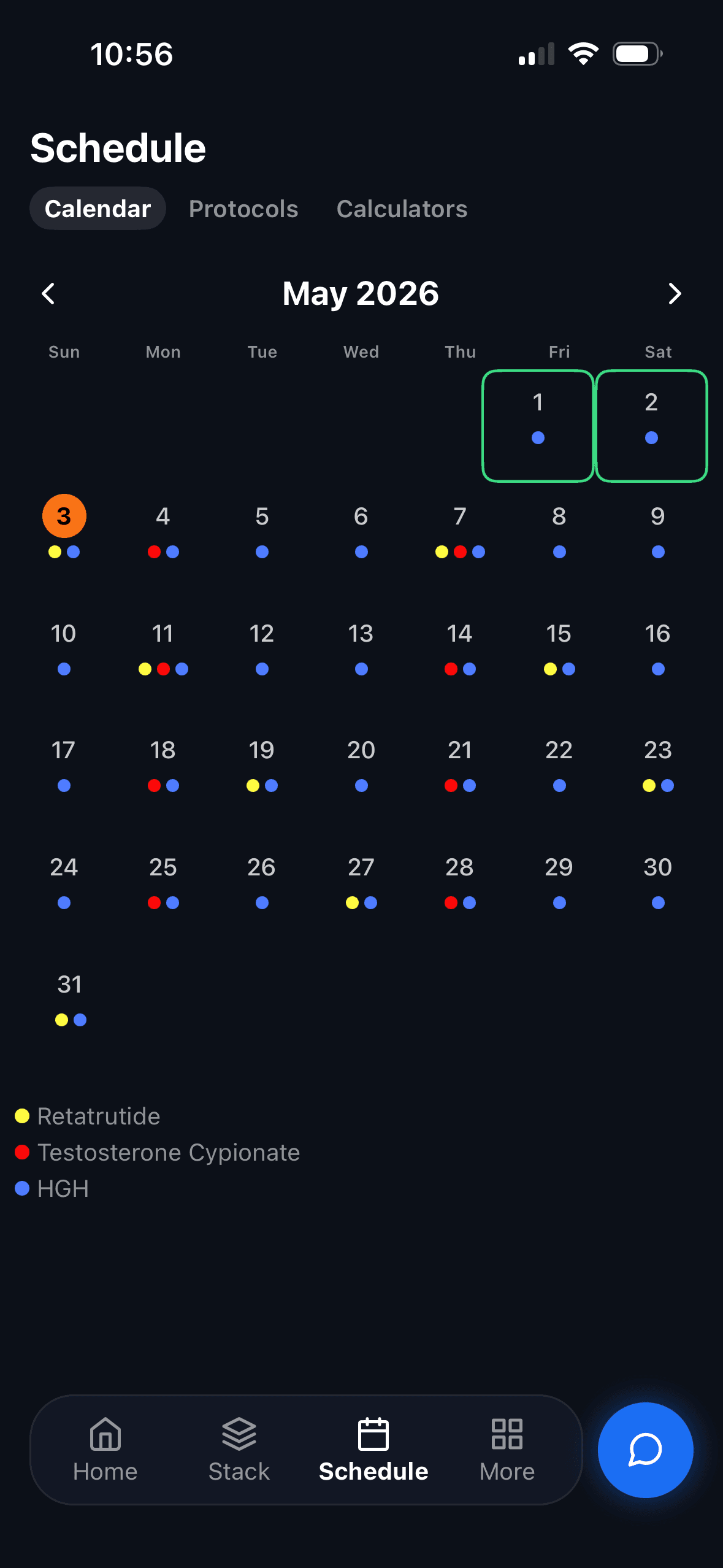 Stackeddd Schedule screen showing the protocol calendar and titration timeline.
