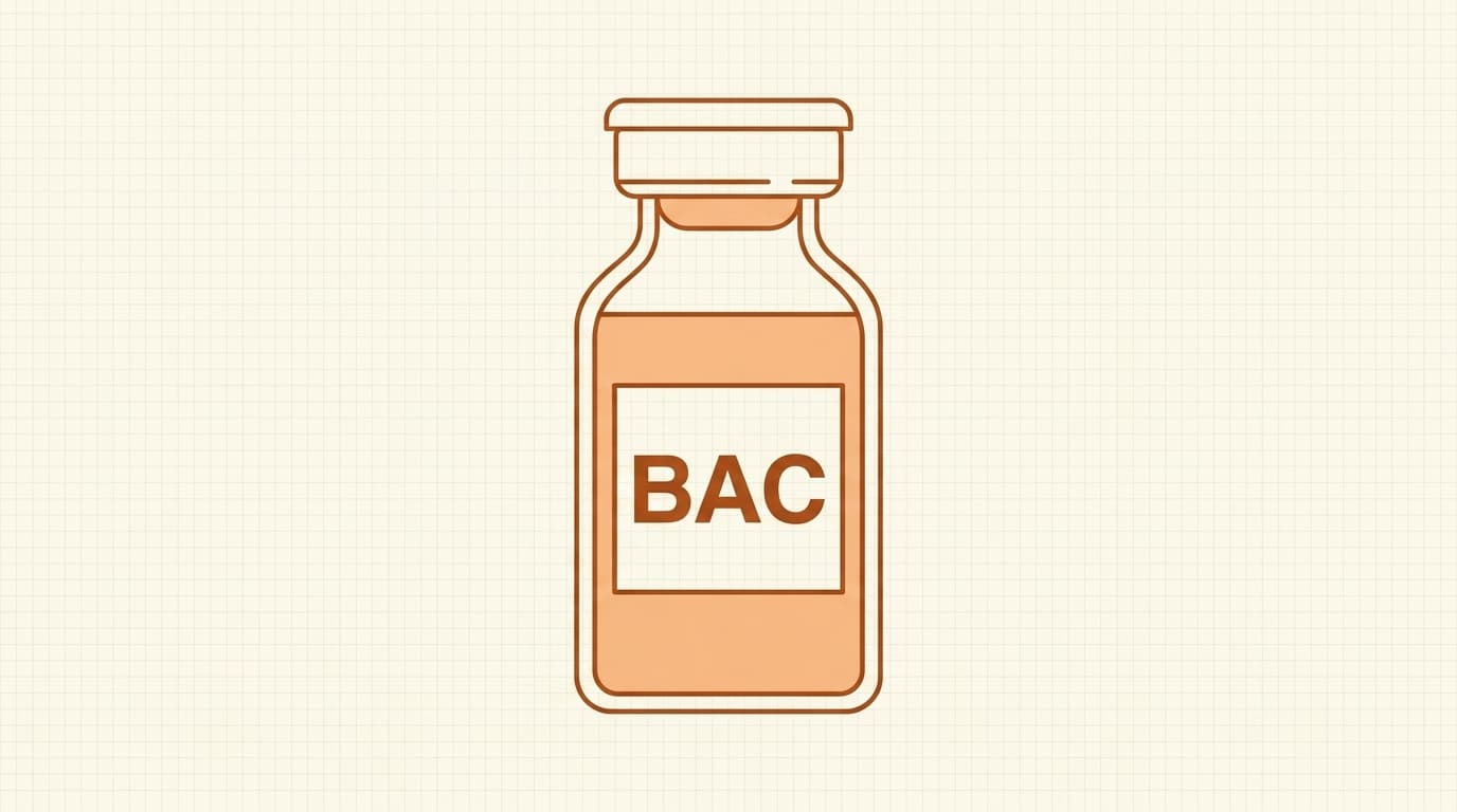 Illustration of a bacteriostatic water vial beside the benzyl alcohol dose arithmetic